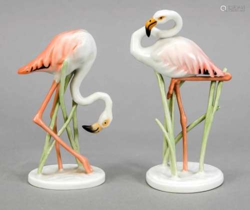 Two flamingos, Rosenthal, Classic Rose Collection, after 1975, designed by Heidenreich in1935,