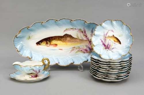 Art Nouveau fish service for 11 people, 13 pieces, Comte d'Artois, Limoges, France, around1900,