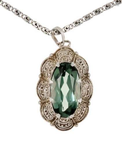 Theodor-Fahrner pendant silver 925/000 TF with an oval faced green gem 17.5 x 9 mm, length33.5 mm,