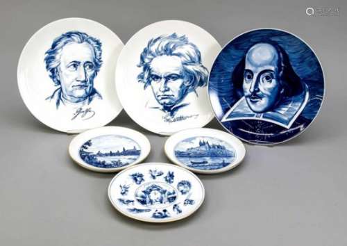 Six plates, Meissen, 1st quality, after 1970, smooth form, various decors in aquatintblue, portraits