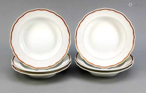 Six soup plates, Meissen, 1950s, 2nd quality, shape new cut, coral red edge, gold rim, Ø24 cmSechs
