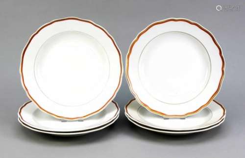 Six dinner plates, Meissen, mark 1957-1972, 2nd quality, shape of new cutout, coral rededge, gold