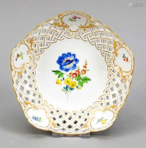 Breakthrough basket, Meissen, after 1970, 1st quality, polychrome painting, German flower,gold-