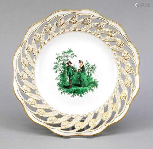 Breakthrough plate, Meissen, mark 1850-1924, 1st quality, gallant pair in the midle afterWatteau