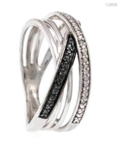 Diamond ring silver 925/000 rhodium-plated with black and white diamonds, ring size 54,3.9