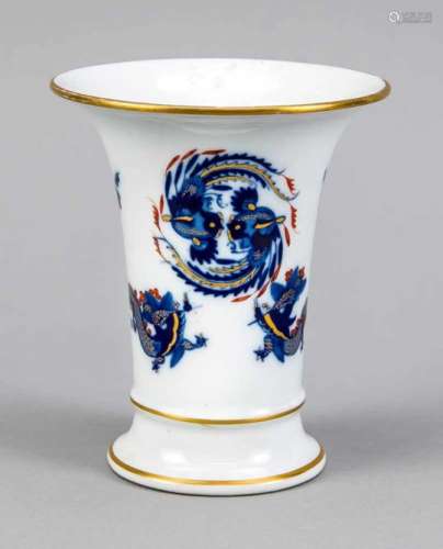 Trumpet vase, Meissen, mark 1924-34, 1st quality, polychrome painted, decor blue courtdragon, gold