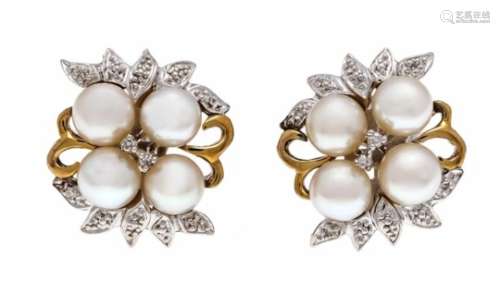 Diamond cultured pearl ear studs GG 585/000 and silver 925/000 rhodium-plated, each with 6diamonds