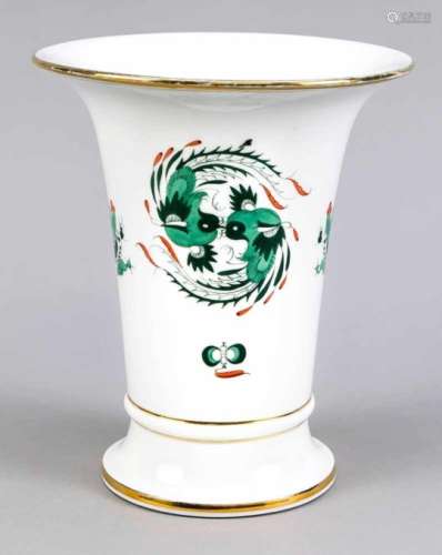 Trunpet vase, Meissen, mark after 1934, 2nd quality, decor green court dragon, gold edges,partly