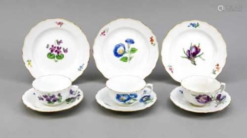 Three place settings, 9 pieces, Meissen, mark 1924-34, 2nd quality, shape new cutout,polychrome