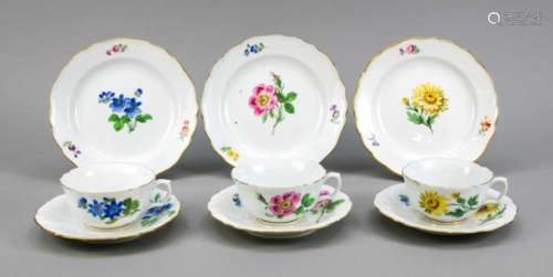 Three place settings, 9 pieces, Meissen, mark 1924-34, 2nd quality, shape new cutout,polychrome