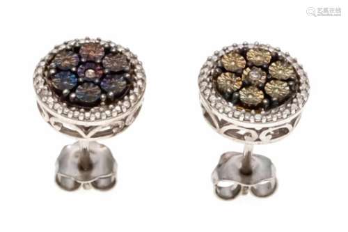 Diamond earrings silver 925/000 rhodium-plated with 2 white and 1 brown diamond, diameter10 mm, 2.