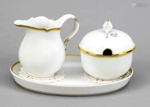 Cream and sugar on tray, Meissen, mark after 1934, 1st quality, shape new cutout, yellowedge, gold