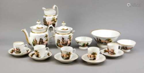 Captain's coffee service, 27 pieces, 19th century, polychrome painting with Dutch sailingships at