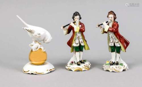 Three Figures, Thuringia, 20th C., 2 Flute Players, Volkstedt, Model No. V 20040,polychrome