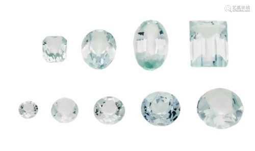Mixed lot of 9 aquamarines, total 30.16 ct, various cut shapes, in lighter shades of blue,with