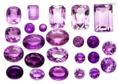 Mixed lot of 24 amethysts, total 96.58 ct, various cut shapes, 17.8 - 5.2 mm, in goodcolor and