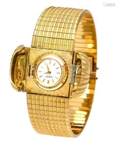 IWC Damenuhr GG 750/000, mit Goldband, Handaufzugskaliber 431, Uhrwerk läuft, Uhrwerk indas Band