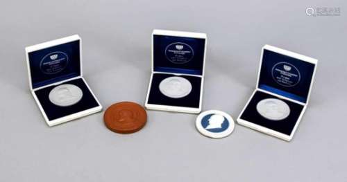 Five badges, Meissen, 20th century, three bisque medals from the Dresden Medicinal factorywith