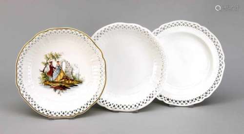 Three plates, KPM Berlin, 20th century, pointed openwork flag, 2 plates white, 1 platewith