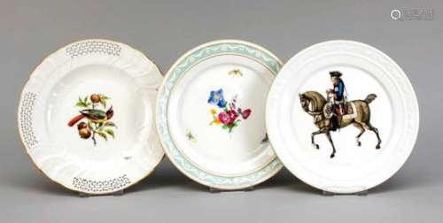 Three plates, KPM Berlin, 20th century, 1 plate, print decor, Frederick the Great onhorseback,