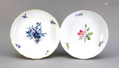 Two round bowls, Meissen, round bowl with polychrome flower painting, mark 1850-1924, 2ndquality,