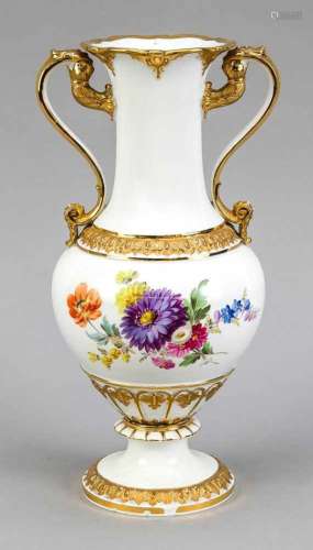 Double handle vase, Meissen, mark 1850-1924, 1st quality, bulging body on a round basewith