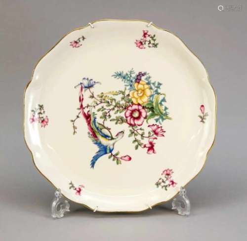 Large decorative plate, Rosenthal, Kronach, 1930-40s, curved edge, polychrome decor withbird of