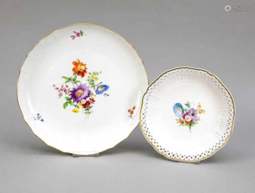 Two bowls, round bowl, Meissen, 1950s, 1st quality, new neckline, polychrome flowerpainting, gold