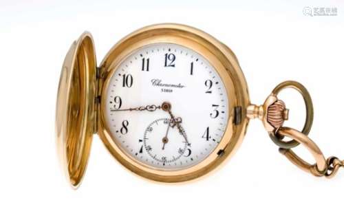 Sprungdeckel Taschenuhr, Chronometer, GG 585/000, 3 Deckel Gold, Werk hinterGlasabdeckung, weißes