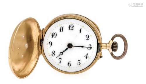 Damentaschenuhr, Sprungdeckel (schwergängig), GG 750 Gold, 2 Deckel Gold, mit 5 kleinenDiamanten,
