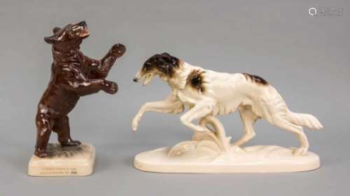 Two animal figures, Katzhütte, Thuringia, 20th century, ceramics, polychrome painted,uprighting