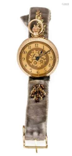 kleine Damentaschenuhr als Armbanduhr, GG 375/000, Rückseite und Lünette mit floralenVerzierungen,