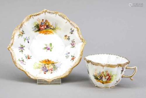 Mocha cup with saucer, Meissen, mark 1850-1924, 2nd quality, pointed curved wall,polychrome painting