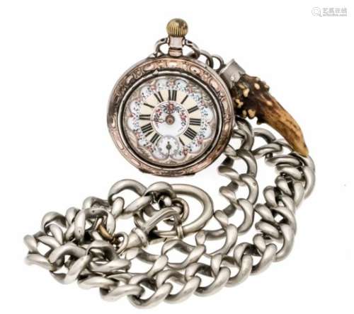 Damentaschenuhr Silber teilvergoldet, mit silberner Taschenuhrkette und kleinem Anhängeraus