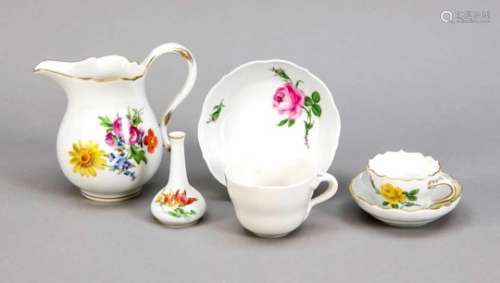 Mixed lot of Meissen, 6 pieces, cream jug, mark 1950s, shape: new cutout, polychromeflower painting,