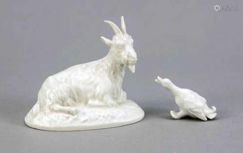 Two animal figurines, reclining billy goat, KPM Berlin, mark before 1962, 1st quality, onoval