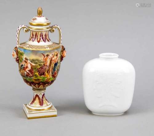 Two vases, lid vase in the style of Capodimonte, Rudolstadt, Thuringia, relief scenes