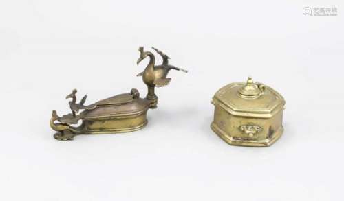 Two inkjars, India, early to mid-20th century, yellow metal. 1x in drop form with bird (9x 18 x 5