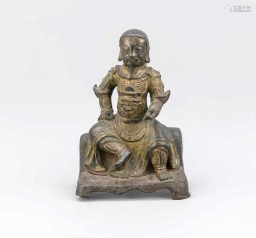 Bronze statuette of general Guan Yu?, China, bronze with remnants of gilding and goldlacquer.