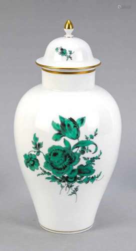 Lidded vase, Meissen, mark 1957-72, 1st quality, flower painting in copper green,gold-plated,