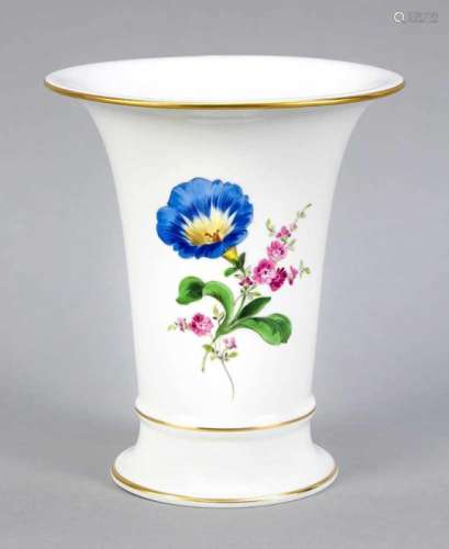 Vase, Meissen, mark 1957-72, 2nd quality, trumpet shape, model no. 478, polychrome flowerpainting,