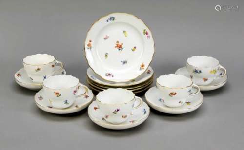 Five place settings, 15 pieces, Meissen, mark 1957-72, 2nd quality, polychrome painting,scattered
