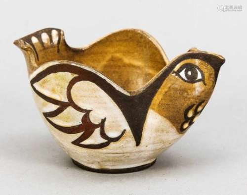 Figurative bowl, ceramic, 20th century, dark brown shards, white glaze, incised in theshape of a