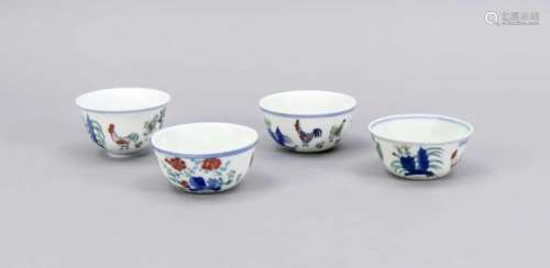 4 Doucai chicken-cups, China, 20th cent. Circular polychrome decoration with roosters andchickens