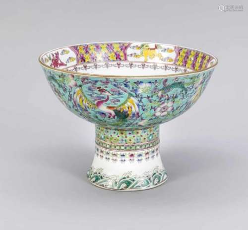 Turquoise-ground famille-rose foot bowl, China, late 19th cent. Bowl with steep wall andslightly