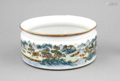 A 20th-century Chinese-republic cachepot of cylindrical form, the side with landscapepainting
