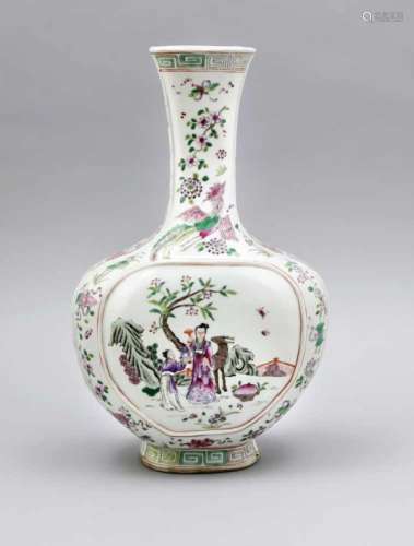 Famille-rose vase, China, 20th cent. Tapered, slightly shouldered, depressed shape with along neck