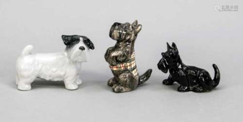 Three Small Scotch Terriers, 20th Century, Standing Terrier, Metzler & Ortloff, Ilmenau,L. 8 cm,