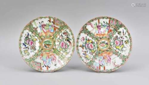 Pair of famille-rose plates, China (Canton), 19th cent., polychrome enamel and golddecoration.