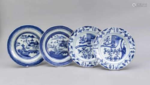 2 x 2 white-blue export plates, China, 18th cent. 1x with casually curved lip rim and ariver